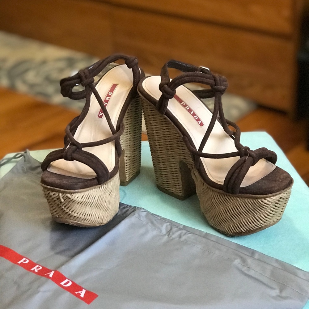 Prada Brown leather Raffia Platform Sandals